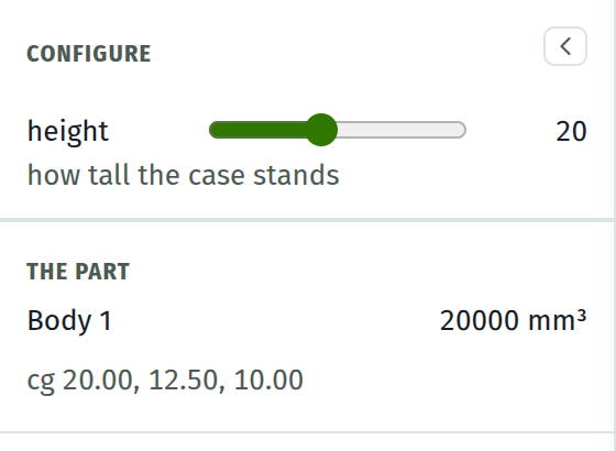 The Configure panel driving a part