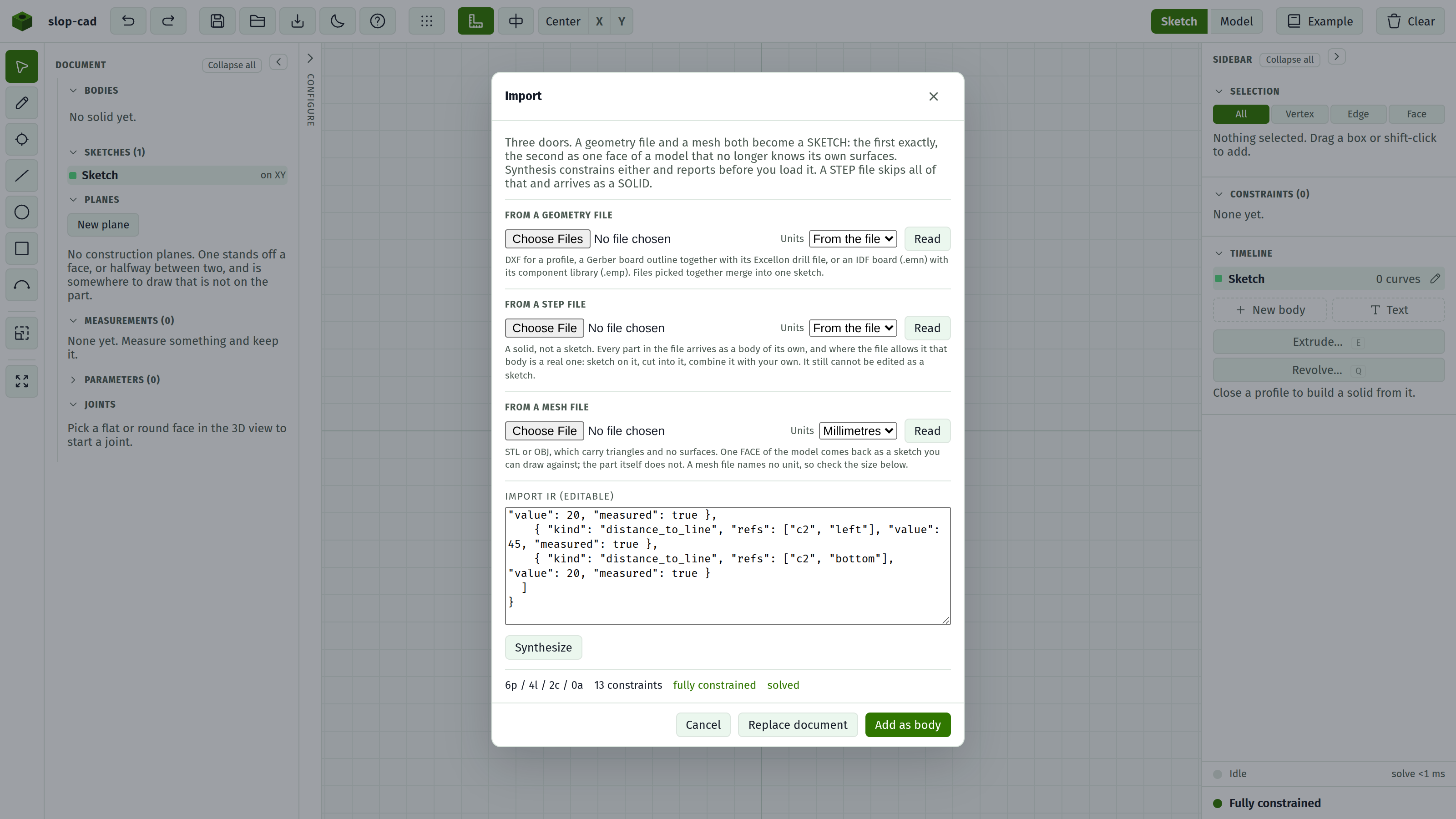 The dialog with a synthesised part and its report