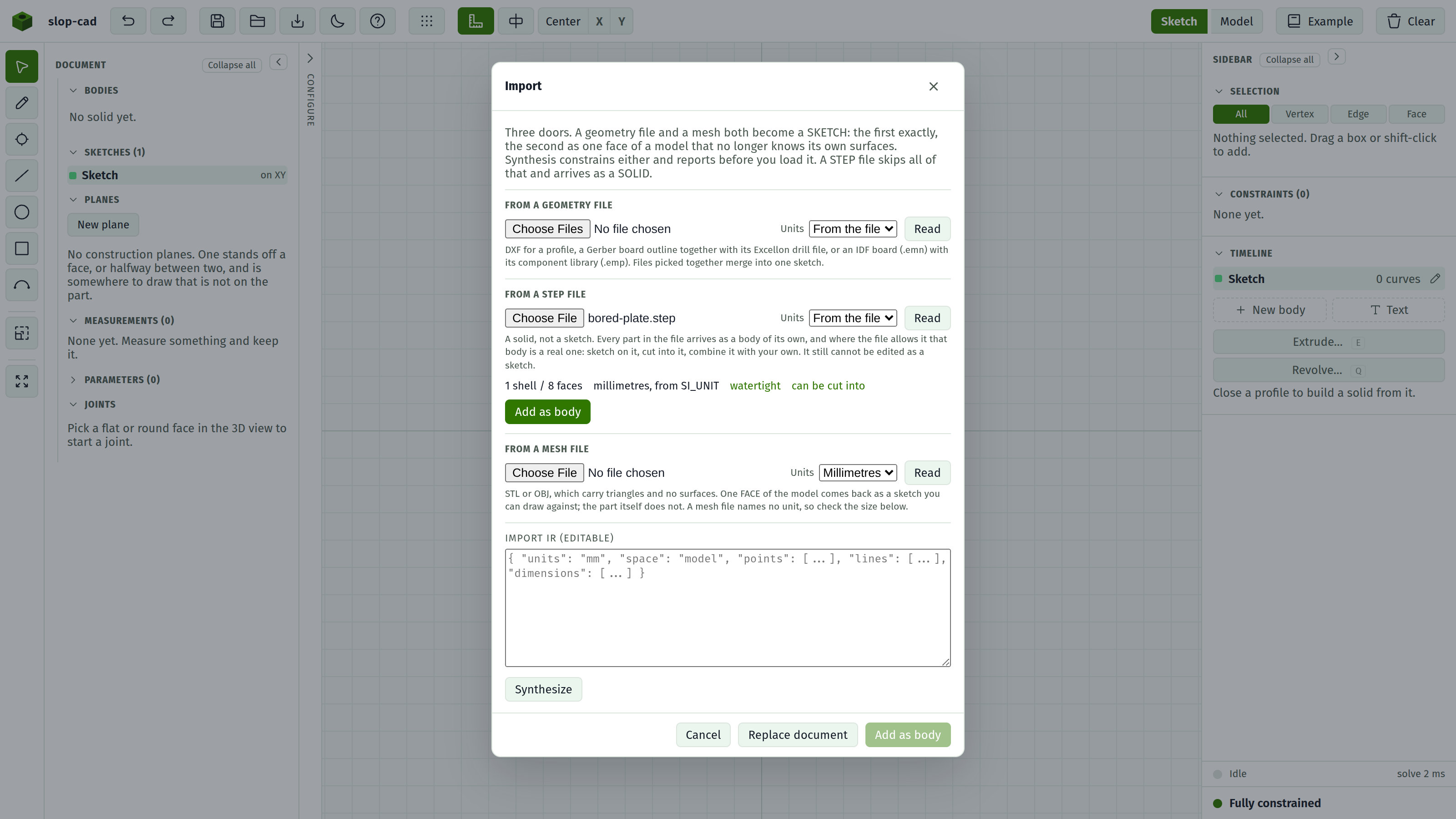A STEP file read, with its report