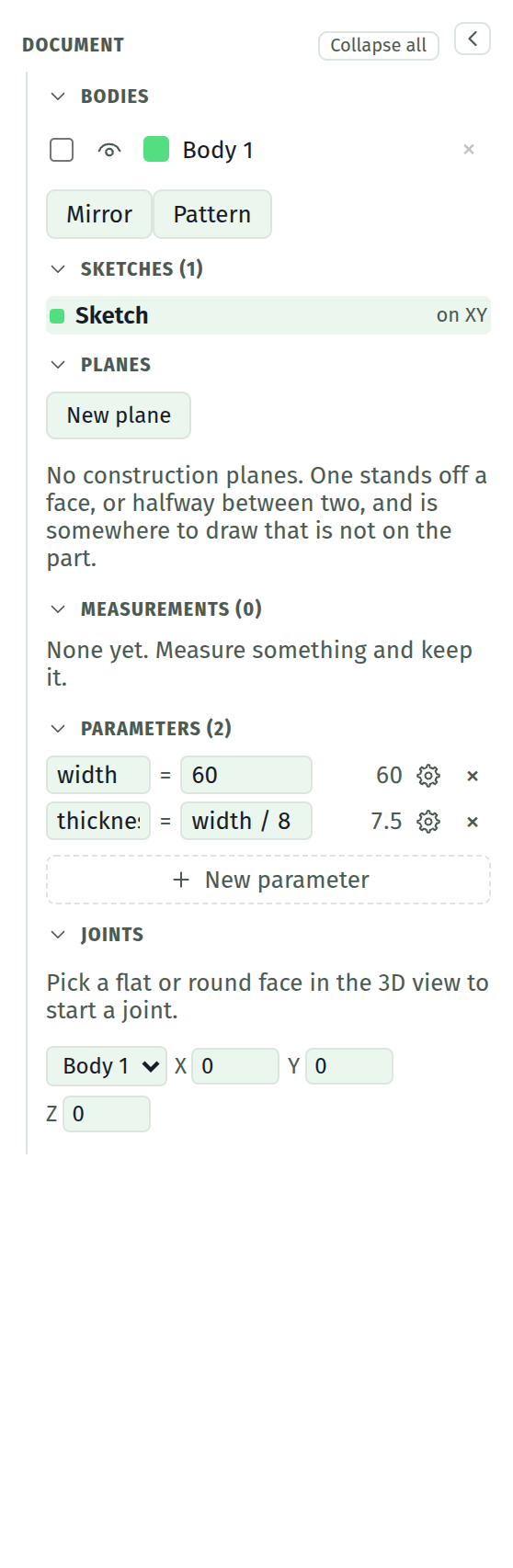 The parameters table driving a dimension and an extrude