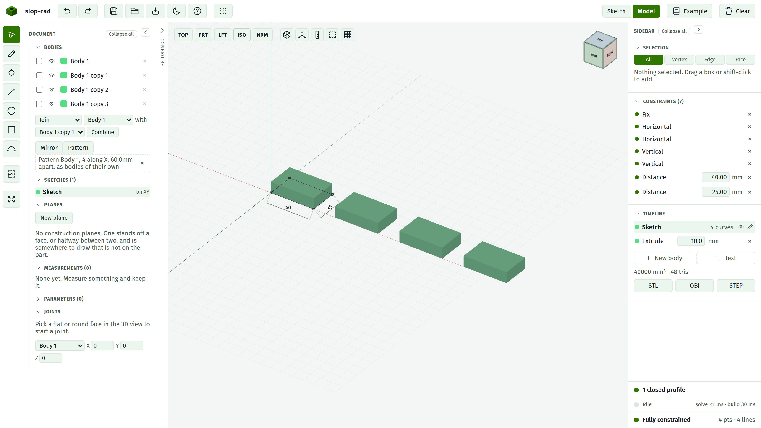 Four copies along a line