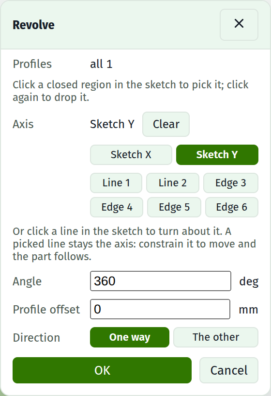 The revolve dialog over a sketch